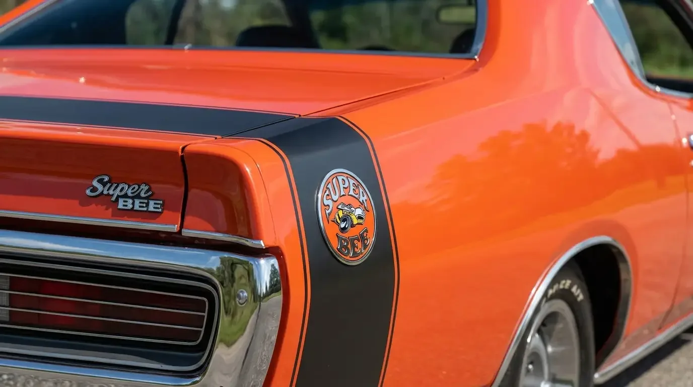 1971 Dodge Charger Super Bee bumblebee tail stripe and badge detail