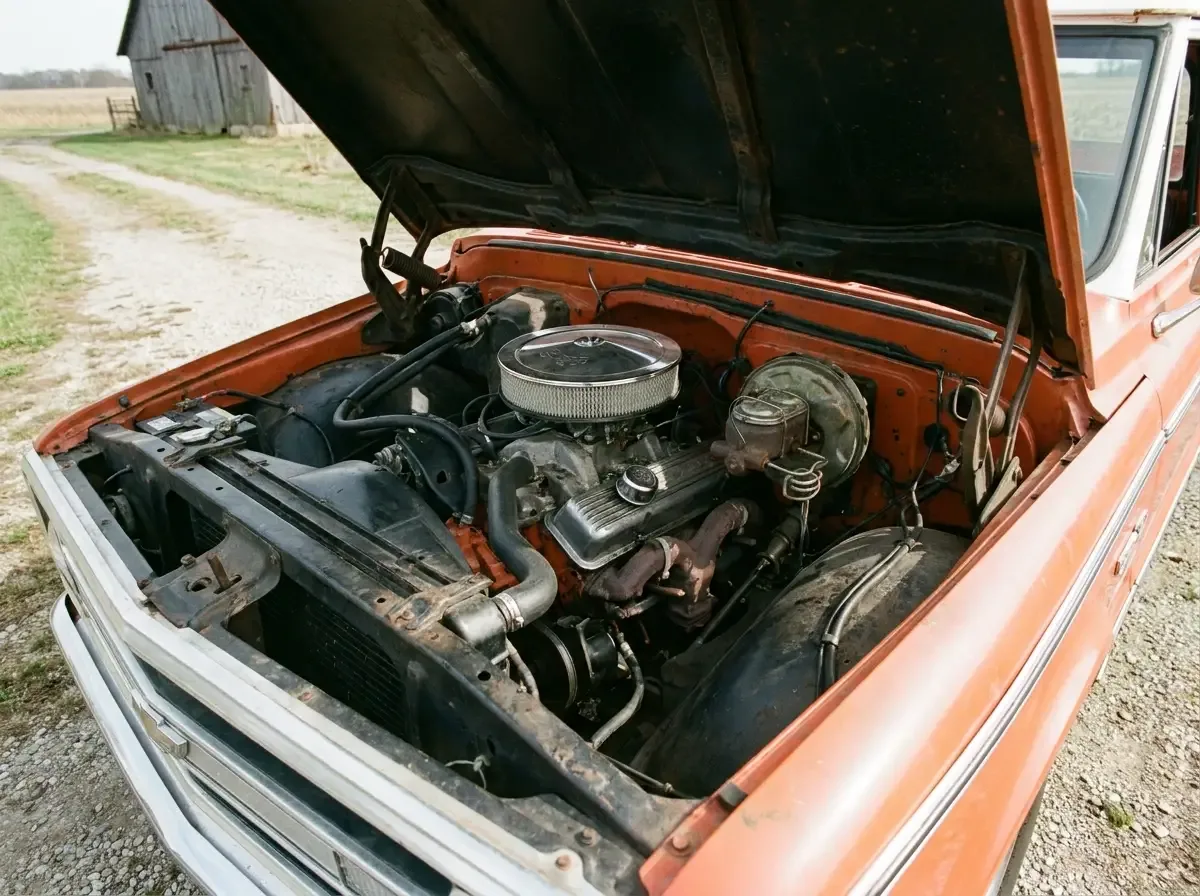 1972 Chevrolet C10 engine bay -- 350 V8 under the hood