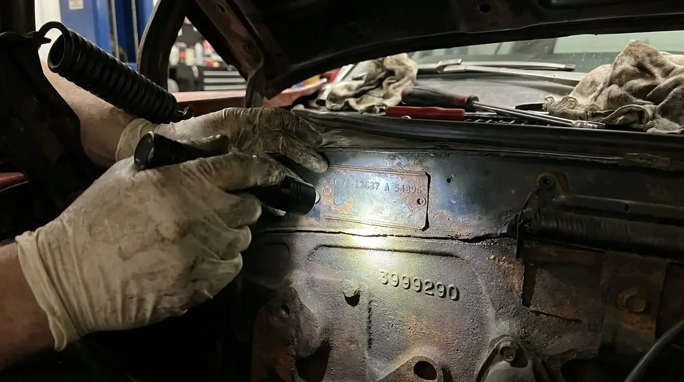 Inspecting a 1972 Chevelle cowl tag and casting numbers