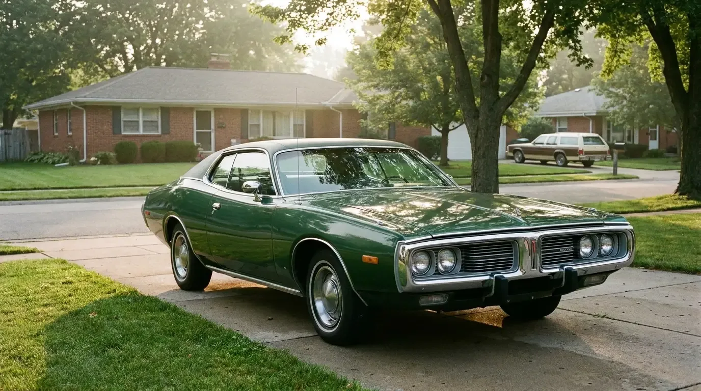 1973 Dodge Charger SE - vinyl roof and big chrome bumper in a driveway