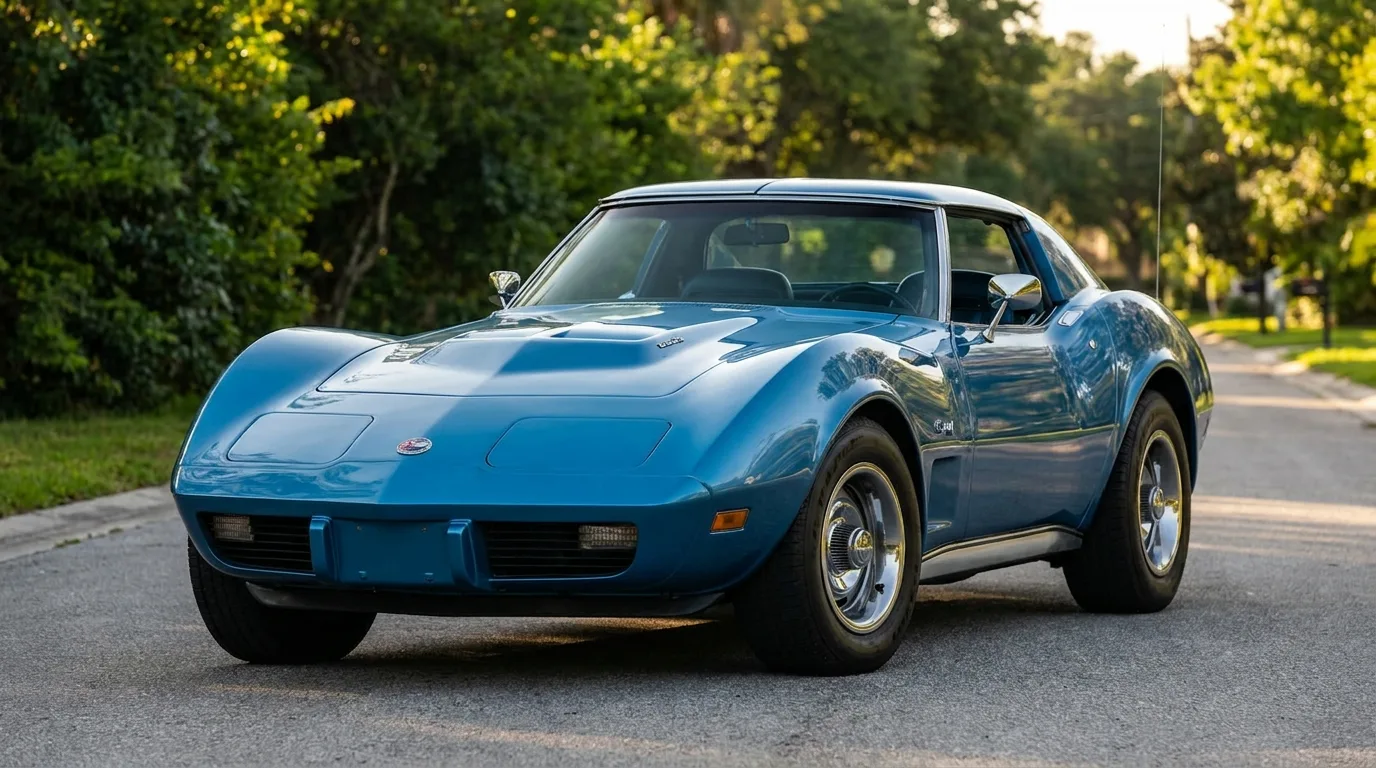 1973 Chevrolet Corvette C3 front three-quarter view in Medium Blue metallic showing the new urethane impact bumper