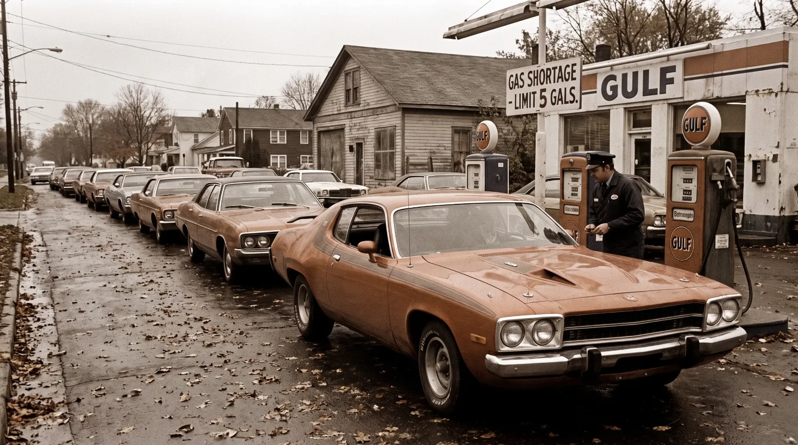 Muscle car waiting in a 1973 gas line
