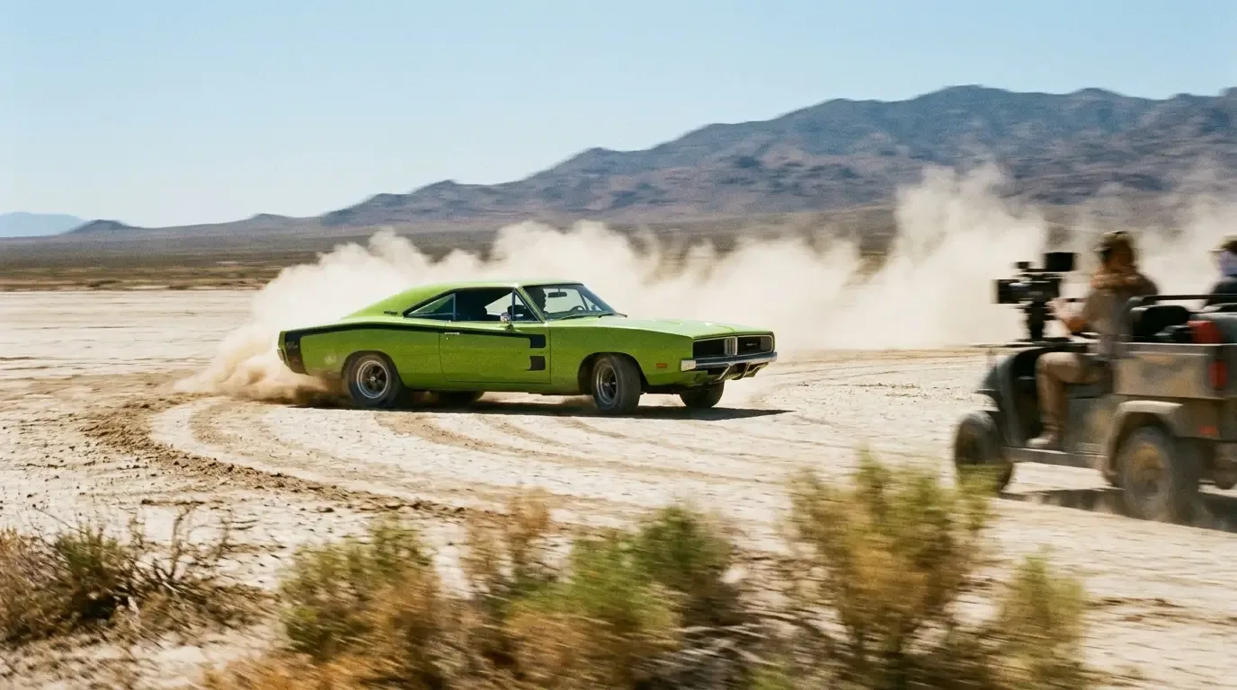 Lime-green 1969 Charger R/T sliding through a desert lakebed during a chase