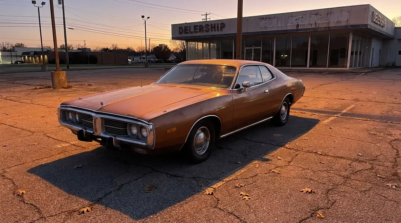 1974 Dodge Charger alone on an empty dealership lot at dusk