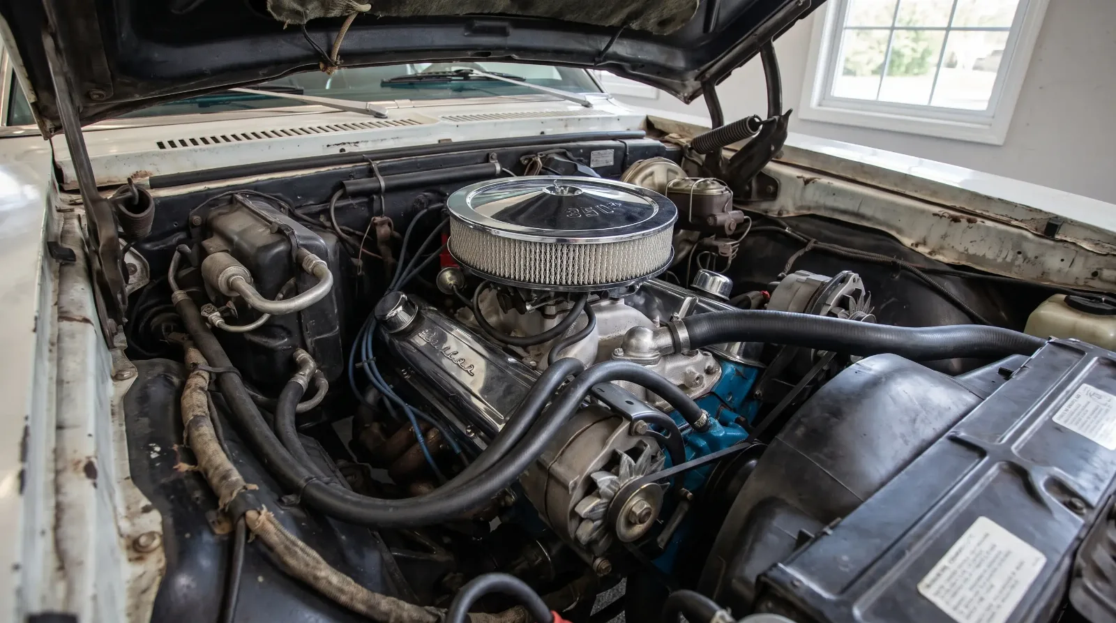 1974 Pontiac GTO 350 V8 engine bay close-up