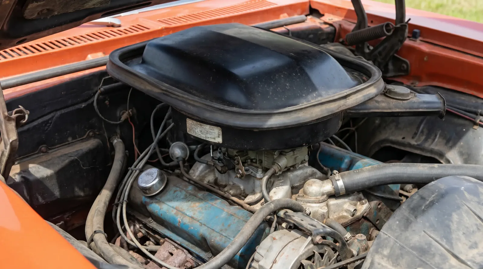 1974 GTO Shaker hood scoop engine bay close-up