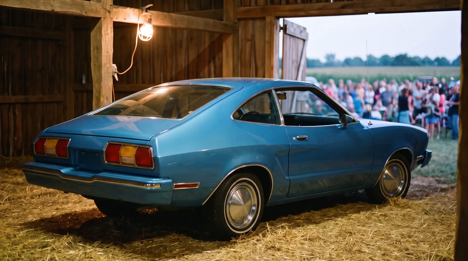 1974 Ford Mustang II 2+2 hatchback, in an old barn at dusk