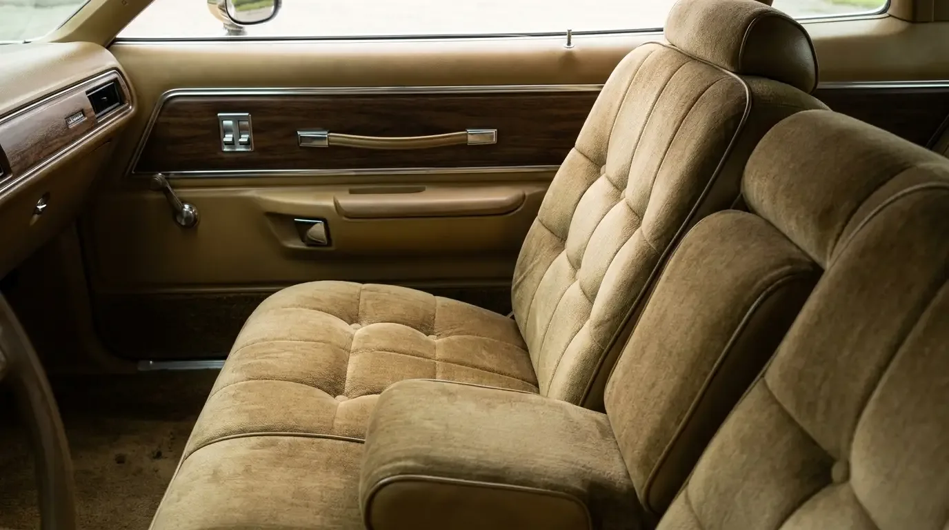 1975 Dodge Charger SE seat and door panel - tufted cloth and woodgrain trim