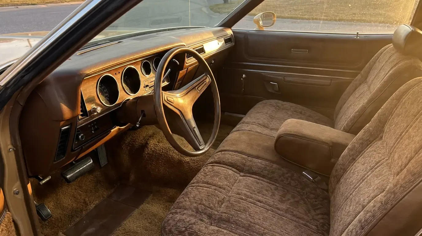 1975 Dodge Charger SE interior - woodgrain dash and split-bench cabin