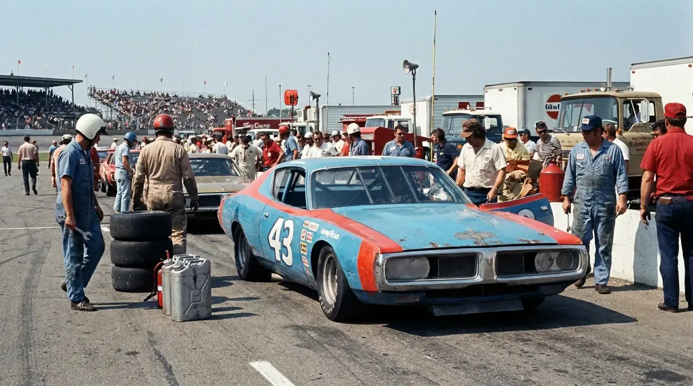 NASCAR Dodge Charger No. 43 in the pit lane with period crew