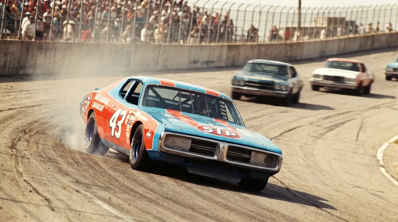 1974 Dodge Charger NASCAR No. 43 — superspeedway racing action