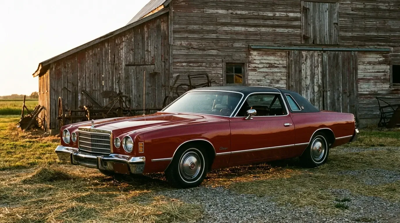 1975 Dodge Charger SE in Vintage Red - formal coupe parked by a barn