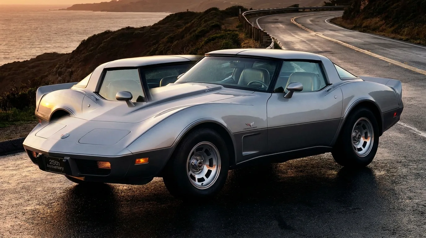 1978 Chevrolet Corvette Silver Anniversary edition in silver and gray two-tone with dramatic fastback roofline