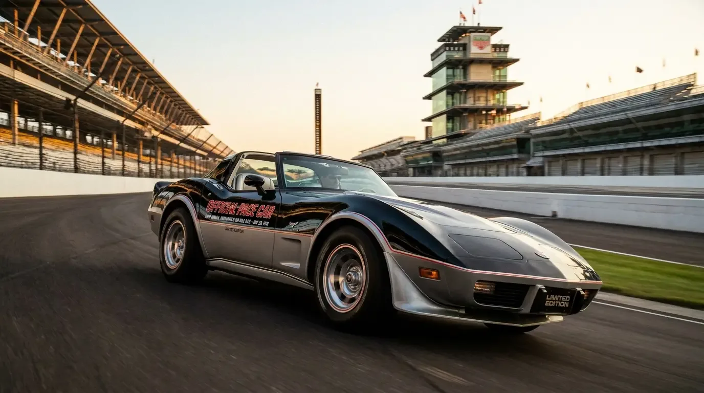 1978 Chevrolet Corvette Limited Edition Pace Car replica in iconic black over silver two-tone paint at Indianapolis Motor Speedway