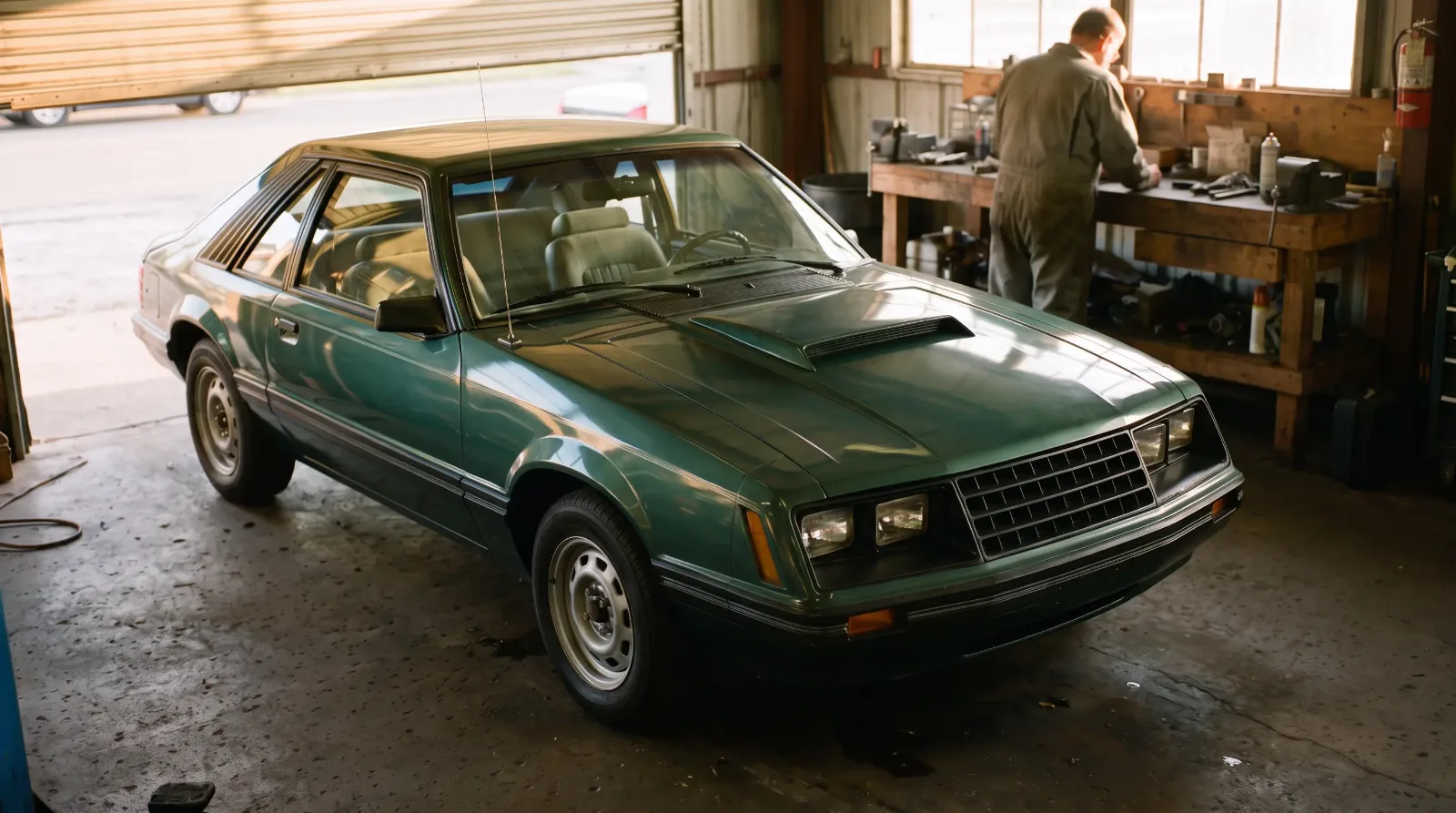 1979 Ford Mustang turbo, parked in a sunlit repair garage