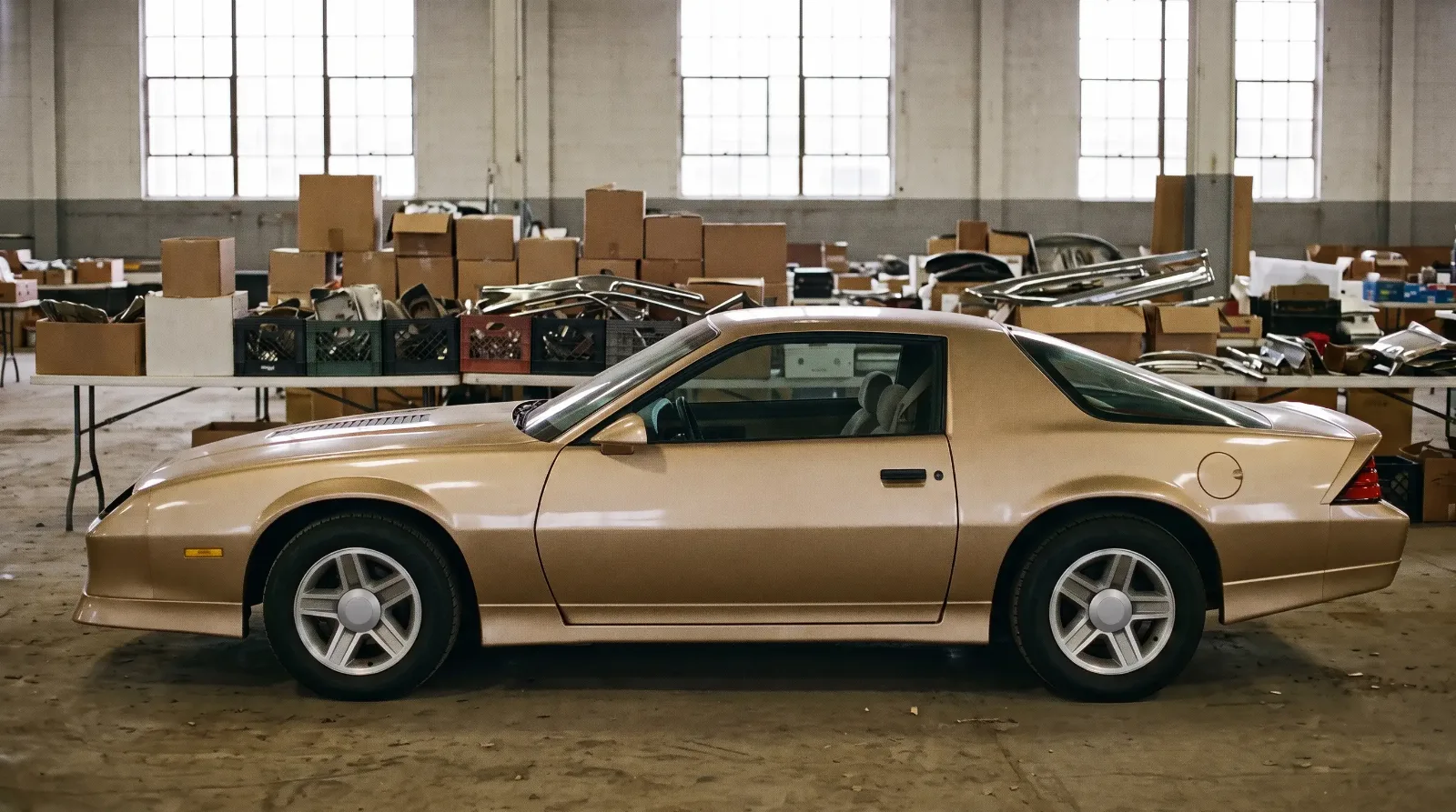 1982 Chevrolet Camaro Z28 in side profile at an indoor swap meet