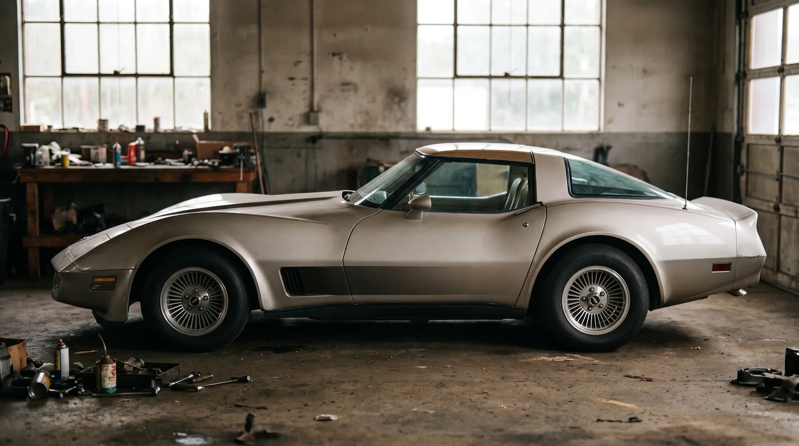 1982 Chevrolet Corvette Collector Edition, side profile in an old service bay