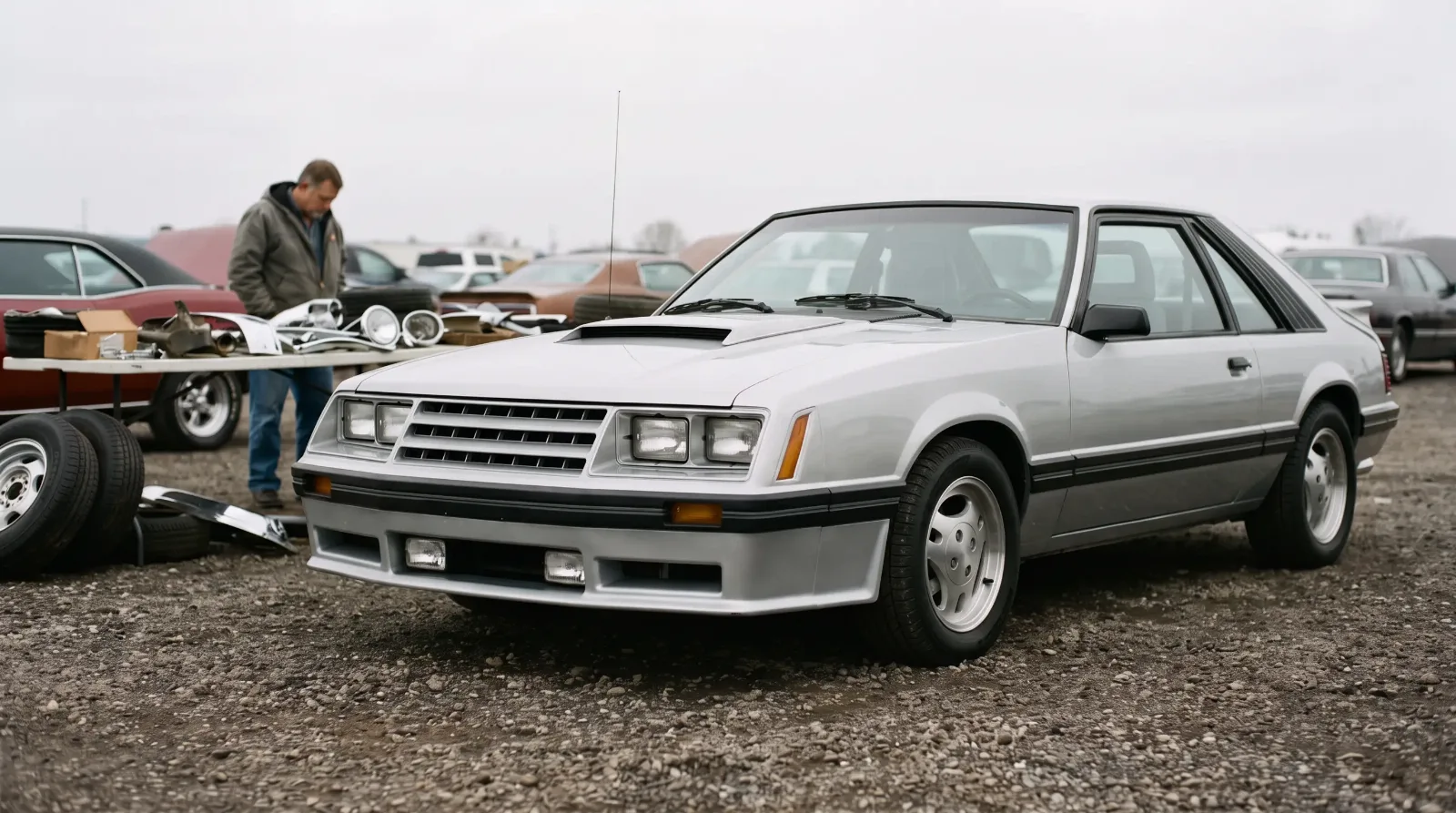 1982 Ford Mustang GT, parked at a gravel swap meet