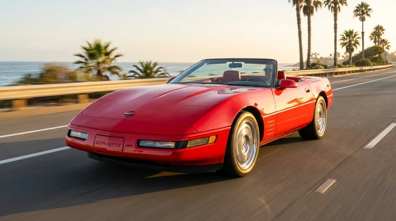 1991 Chevrolet Corvette C4 convertible with top down in Bright Red, the first factory Corvette convertible since 1975, on an American summer drive