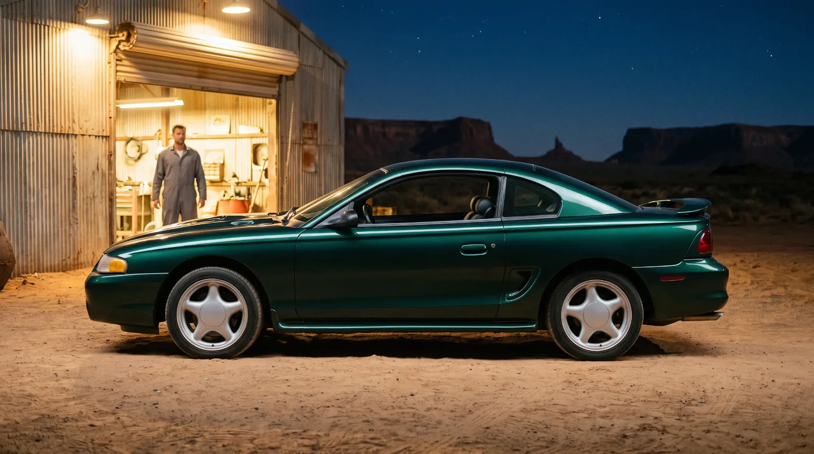 1995 Ford Mustang GT, desert workshop at night