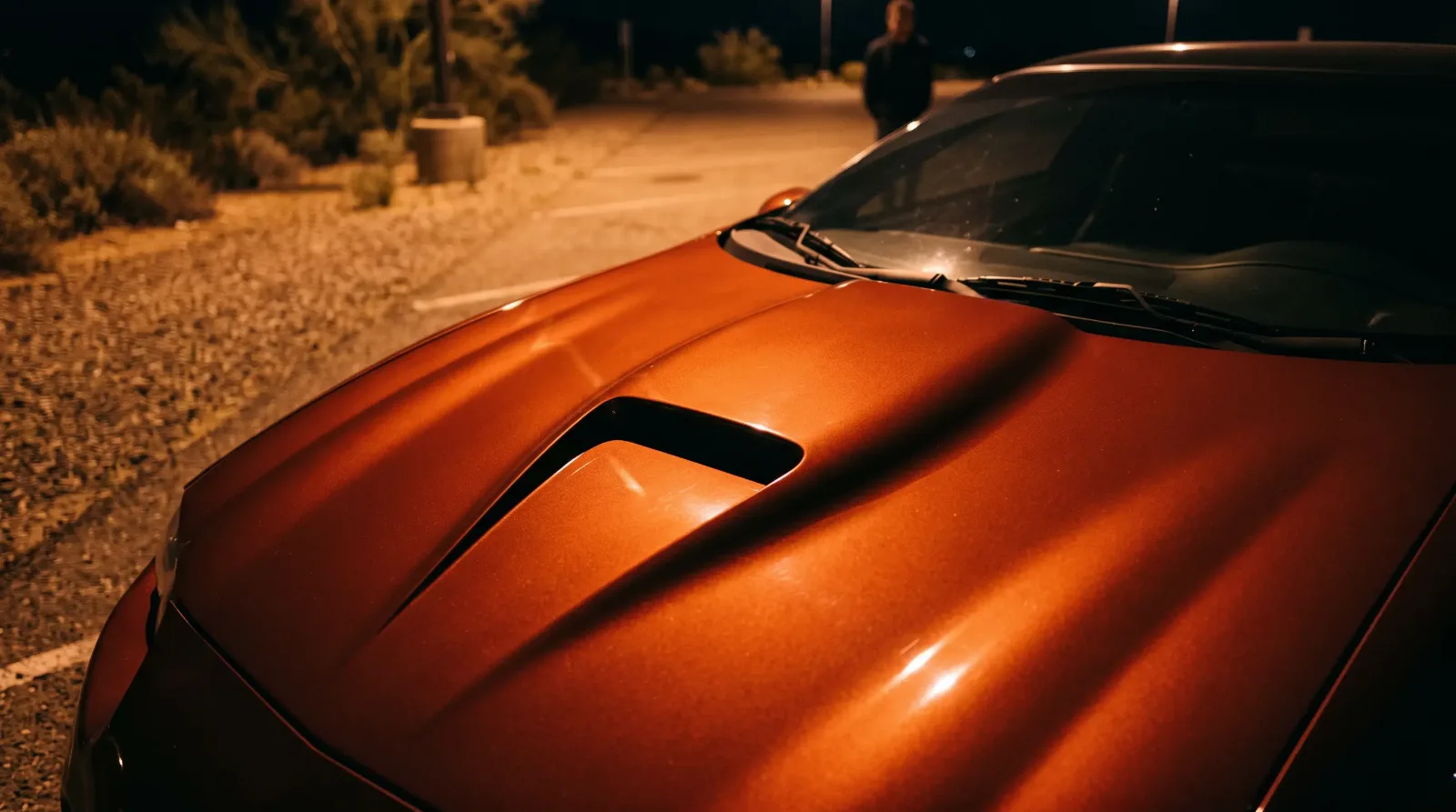 1996 Chevrolet Camaro SS, hood scoop under desert streetlights