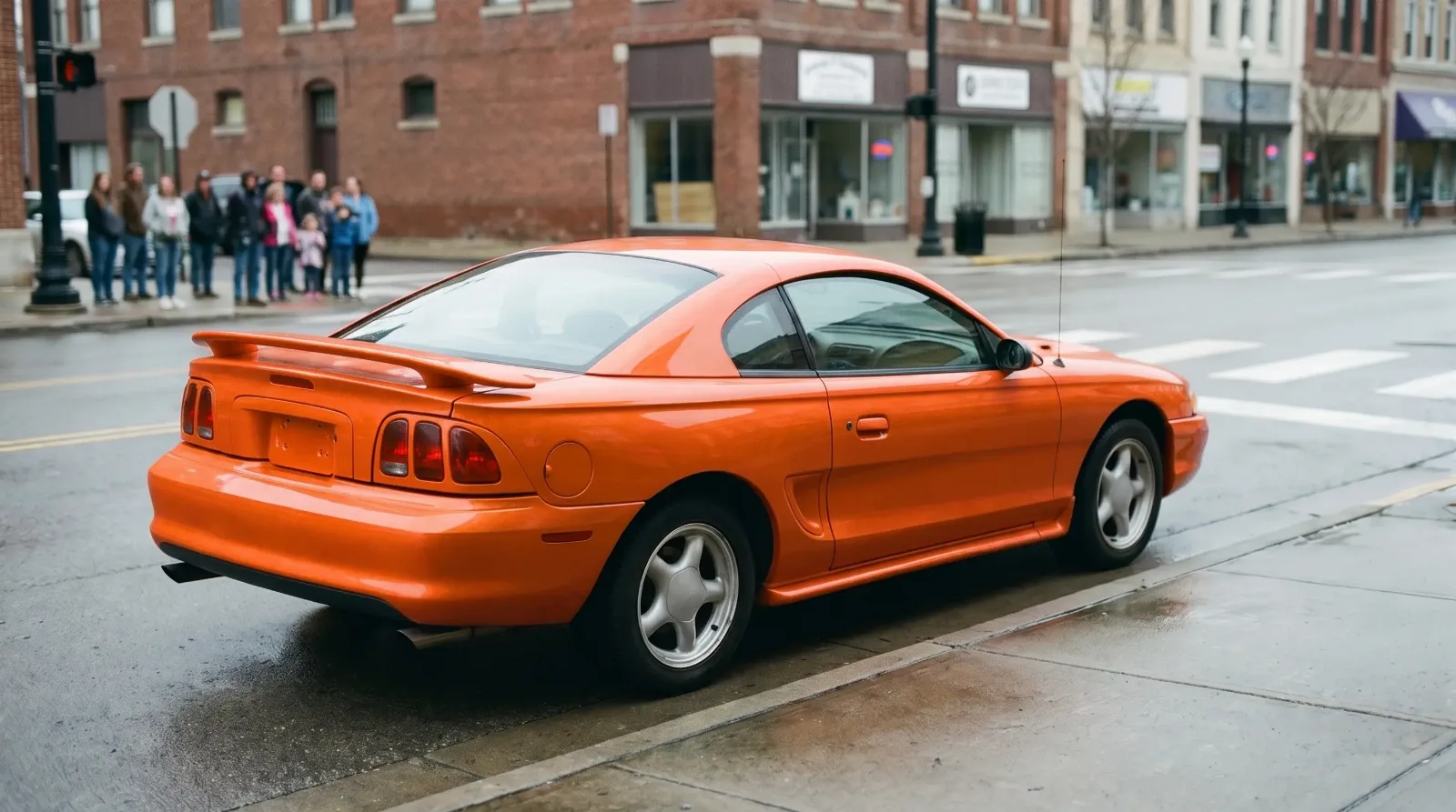 1996 Ford Mustang GT, parked on a wet downtown street