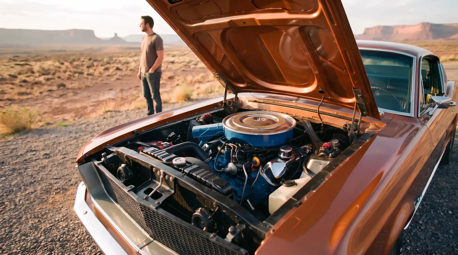 1967 Ford Mustang 390, hood up in the desert