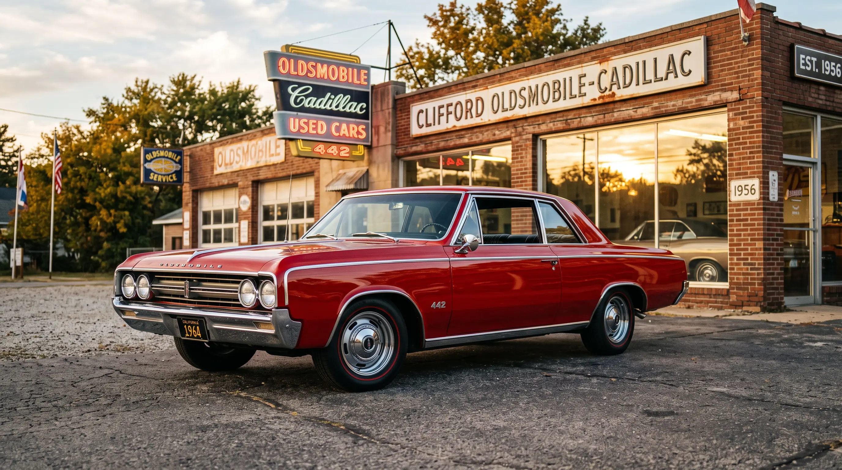 Red 1964 Oldsmobile F 85 Cutlass with 442 option outside a vintage dealership
