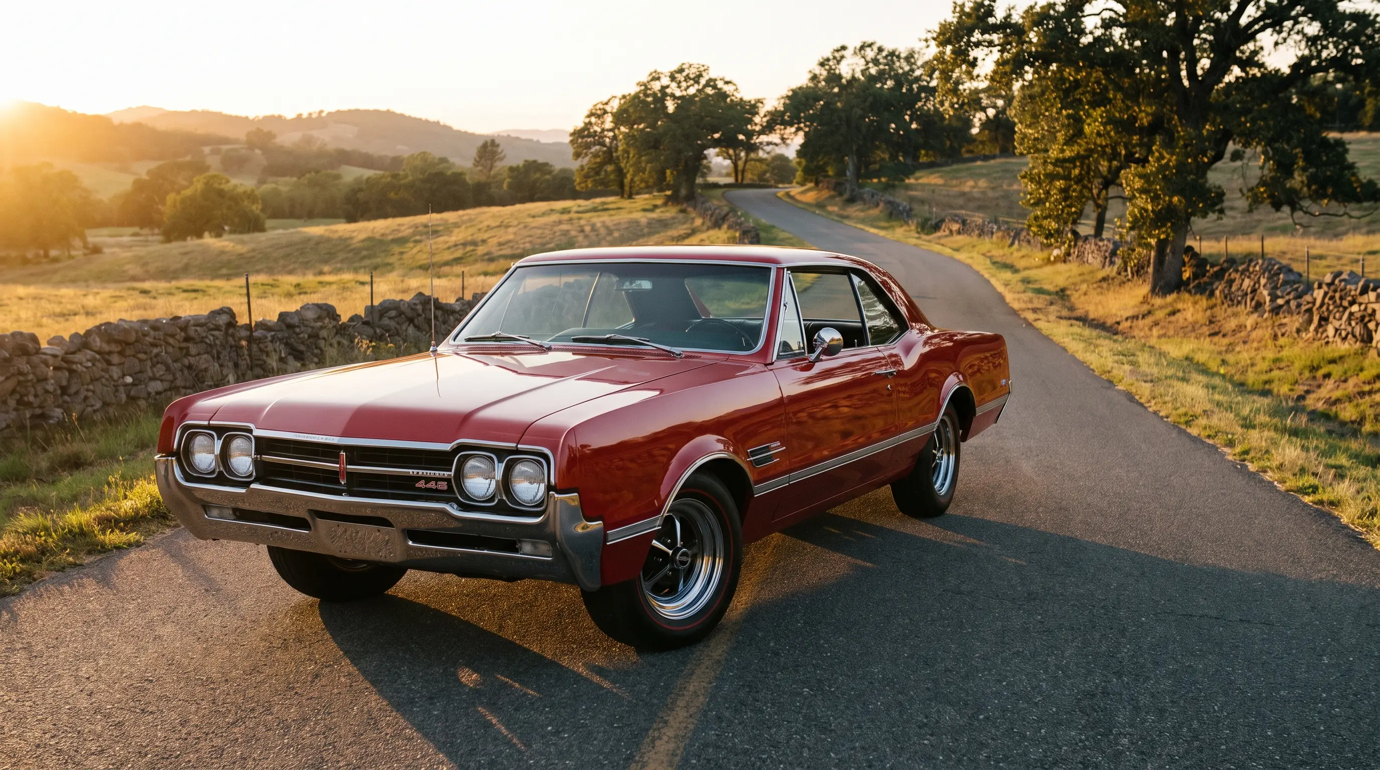 Red Oldsmobile 442 with Tri-Power badging on a winding road at golden hour
