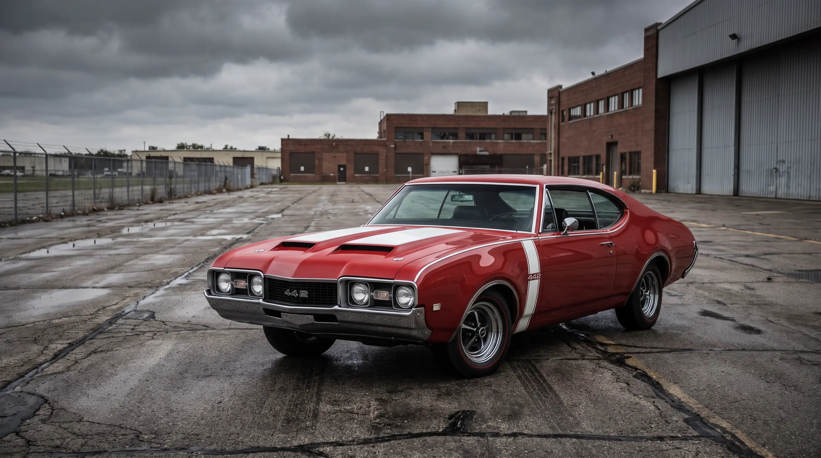 Red and white 1968 Oldsmobile 442 coupe with hood scoops on a factory test track