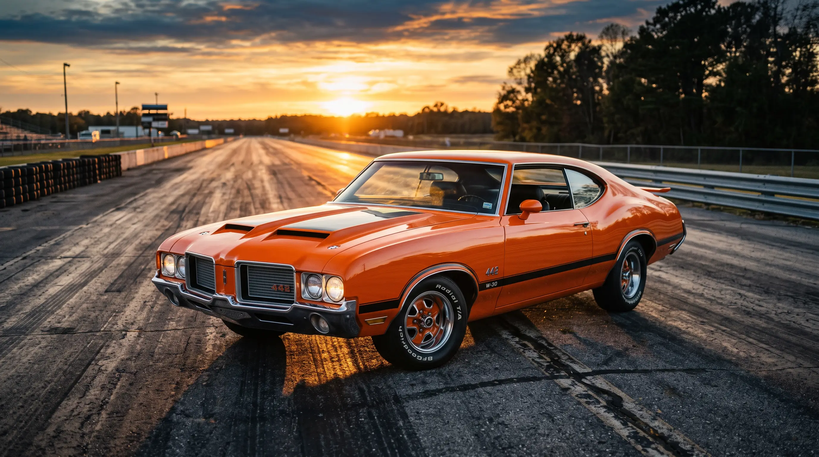 Orange 1971 Oldsmobile 442 on an empty drag strip at golden hour