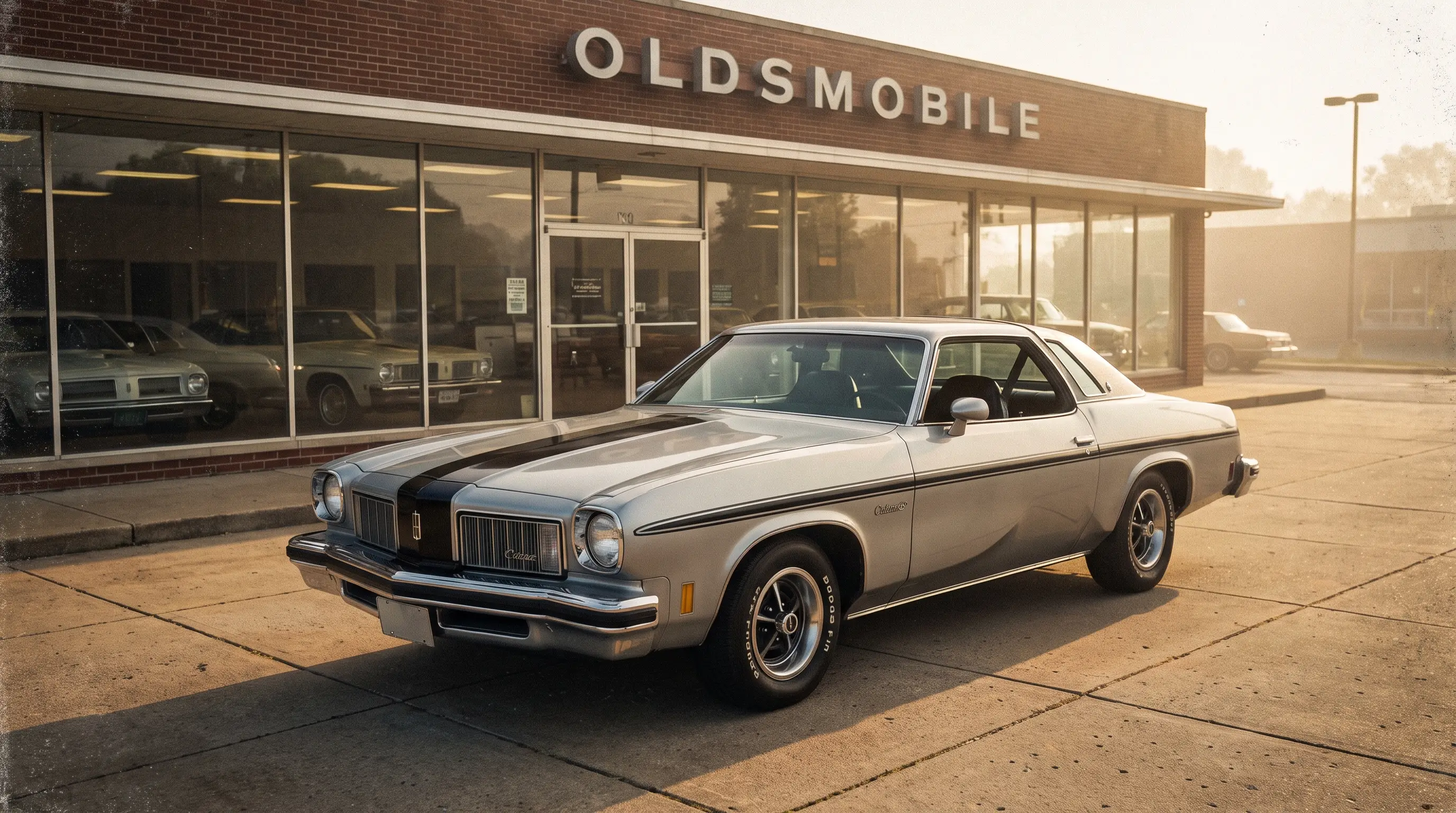 Silver 1975 Oldsmobile Cutlass 442 colonnade coupe outside a 1970s dealership