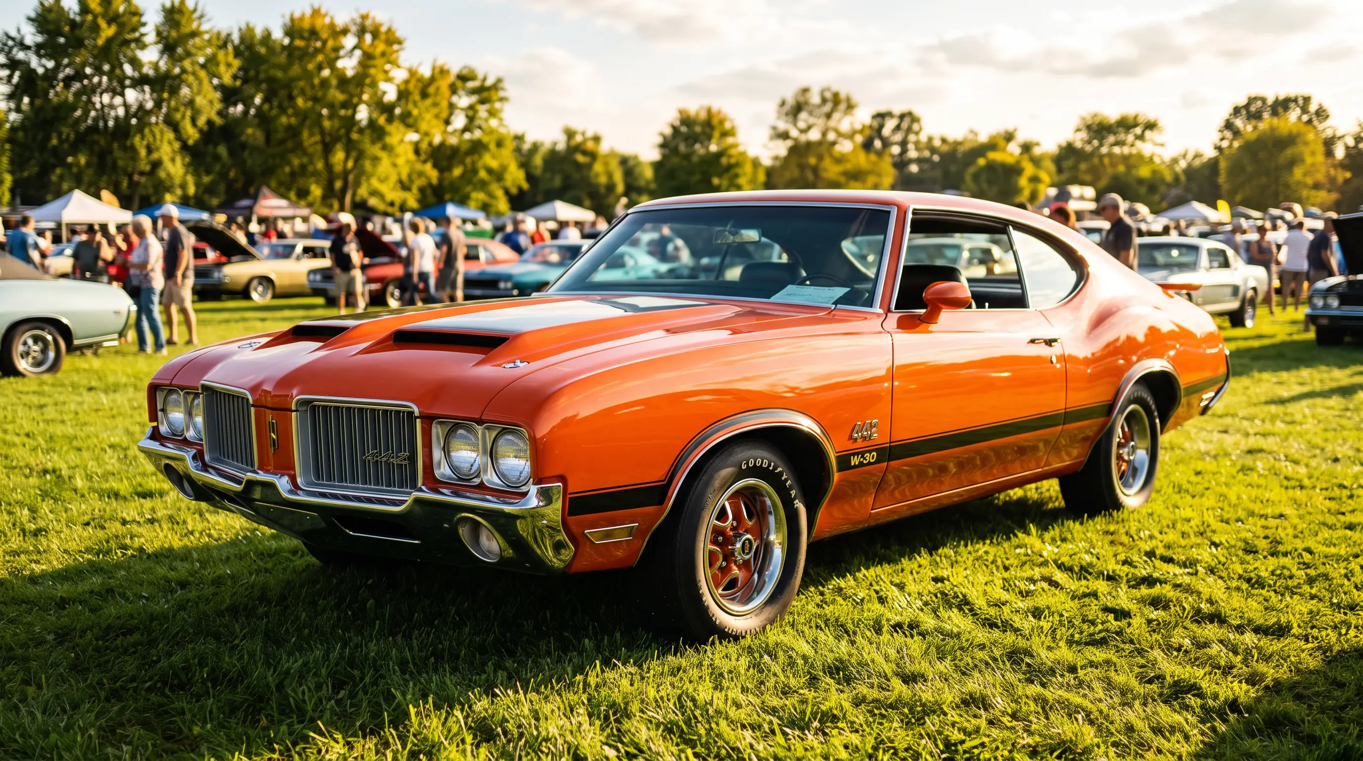 Bold orange Oldsmobile 442 with black stripes in a sunlit car show field