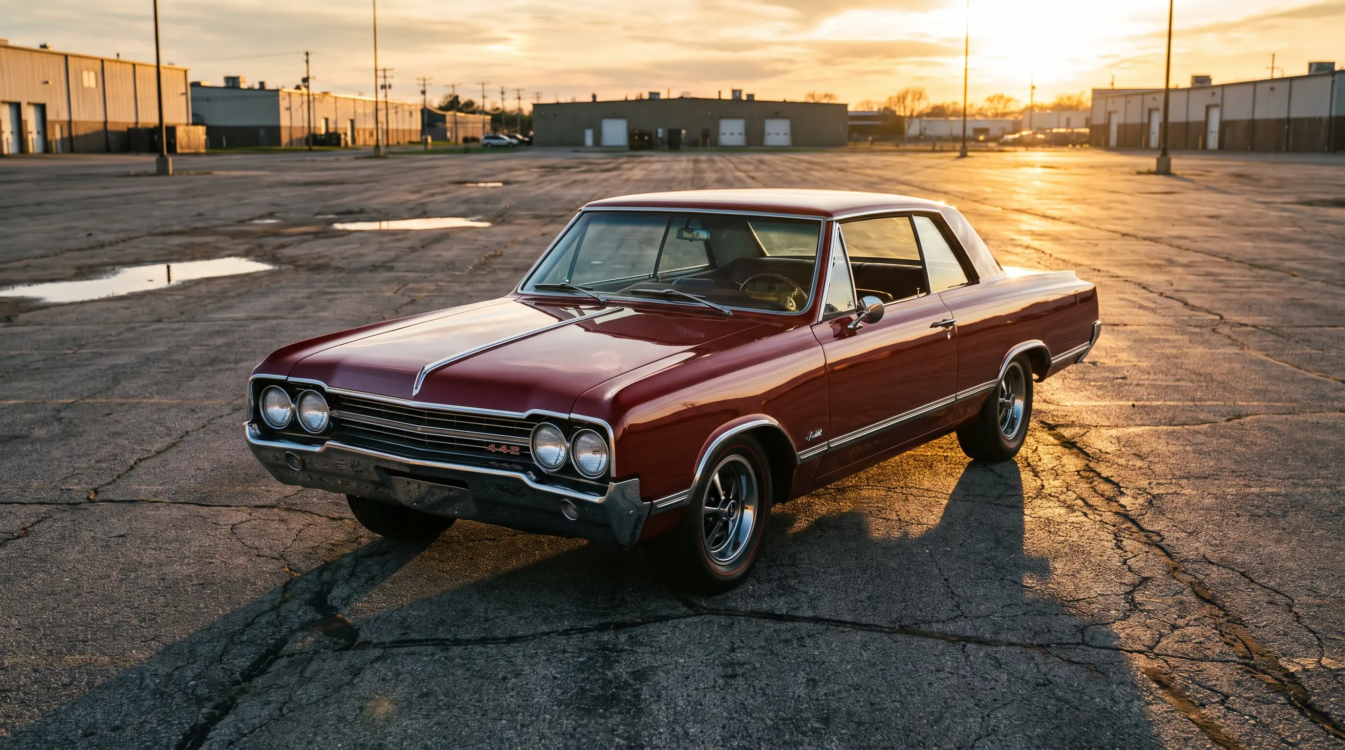 1965 Oldsmobile 442 muscle car at low angle on an empty lot at golden hour