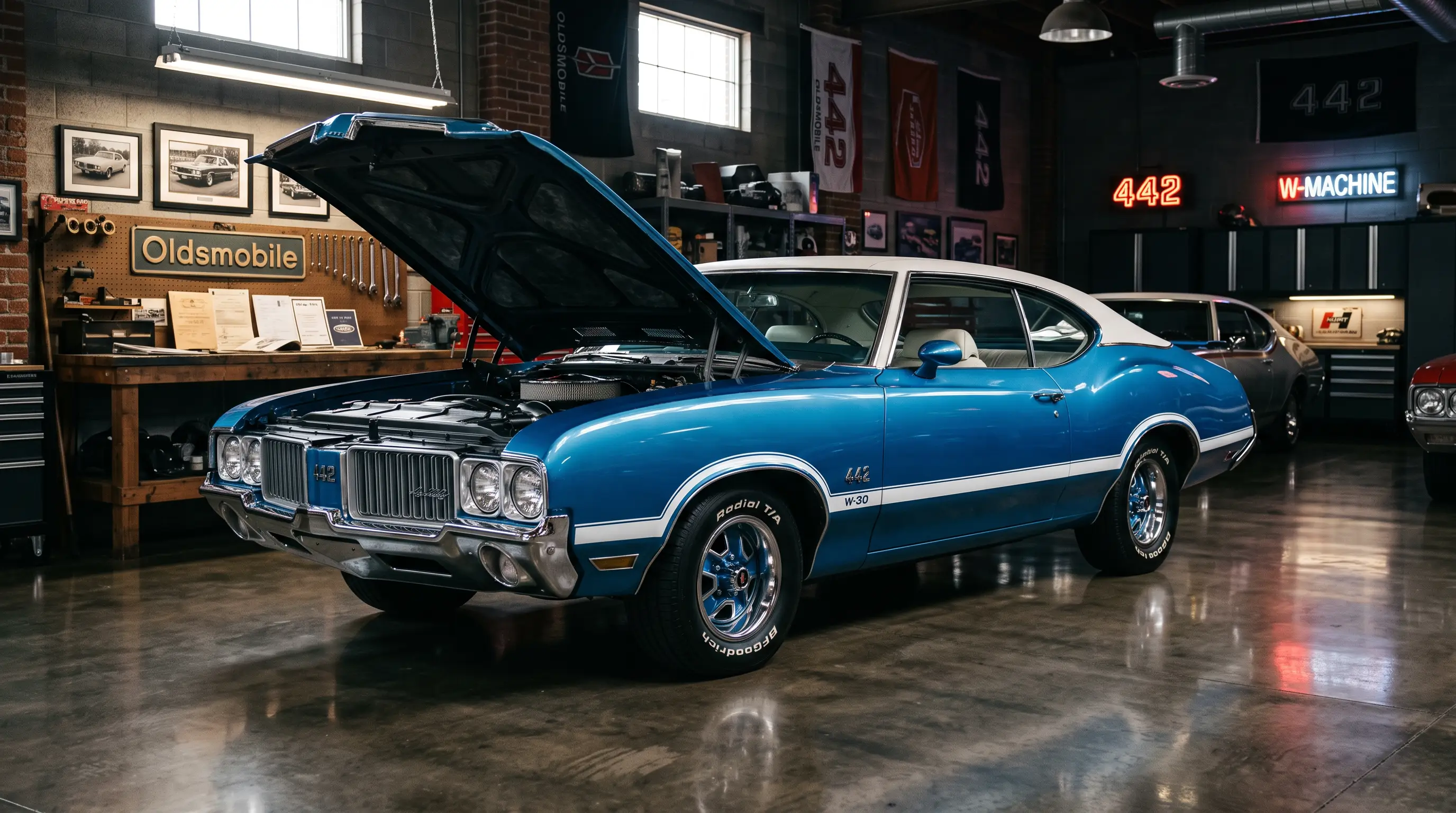 Rare blue Oldsmobile 442 muscle car displayed in a polished collector garage