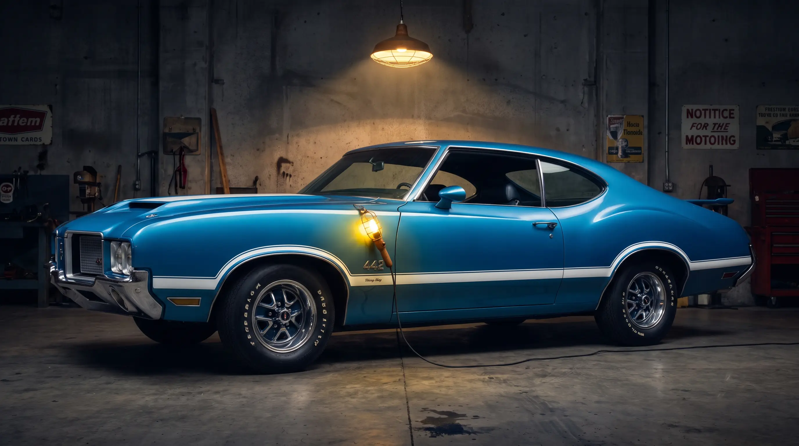 Oldsmobile 442 muscle car lit by a single work light in a dim garage