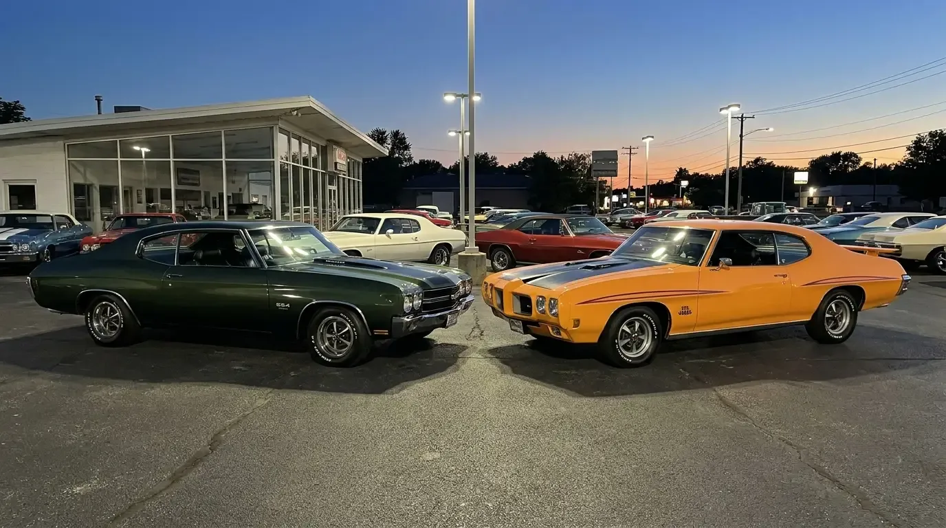 1970 Chevrolet Chevelle SS454 and 1970 Pontiac GTO Judge - dealership face-off at dusk