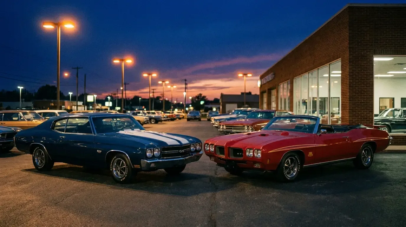 1970 Chevrolet Chevelle SS454 and Pontiac GTO Judge - dealer lot dusk