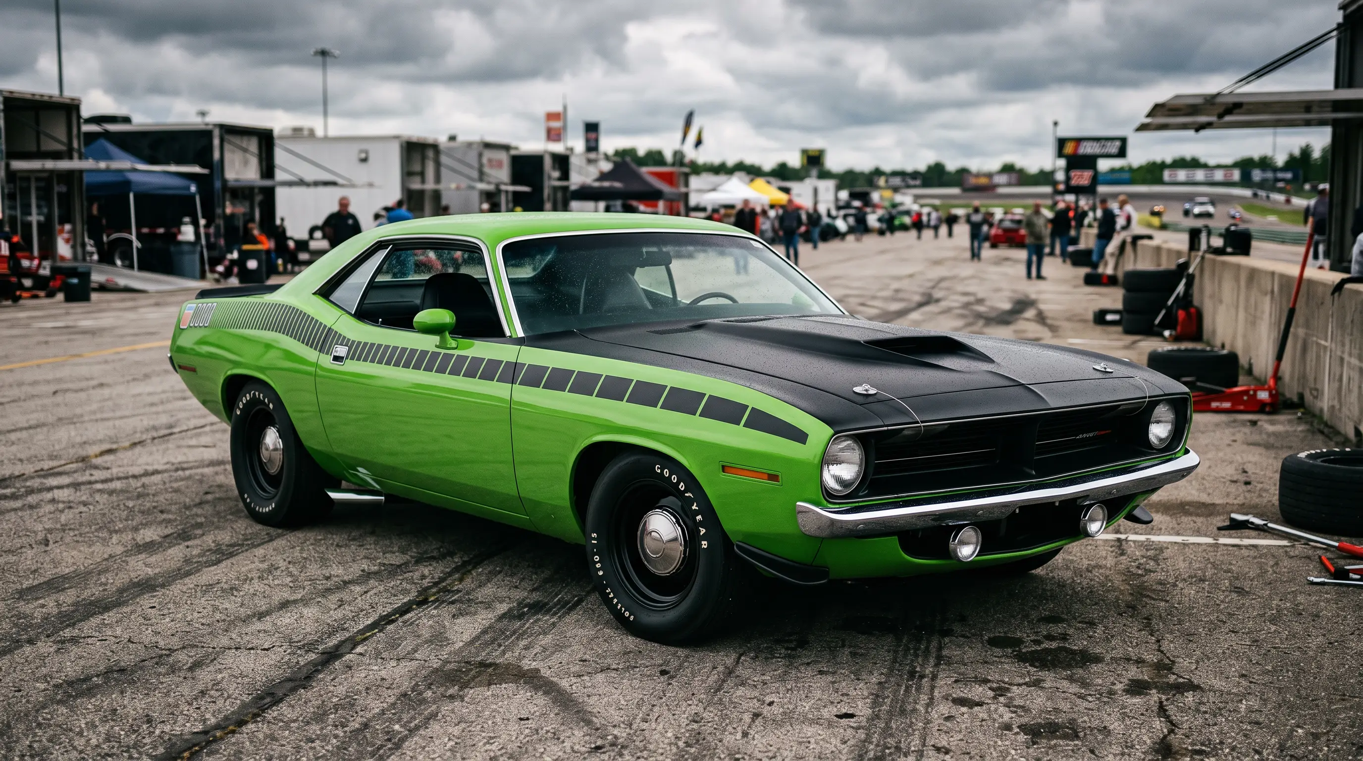 1970 Plymouth AAR Cuda in green with matte black hood and strobe stripe