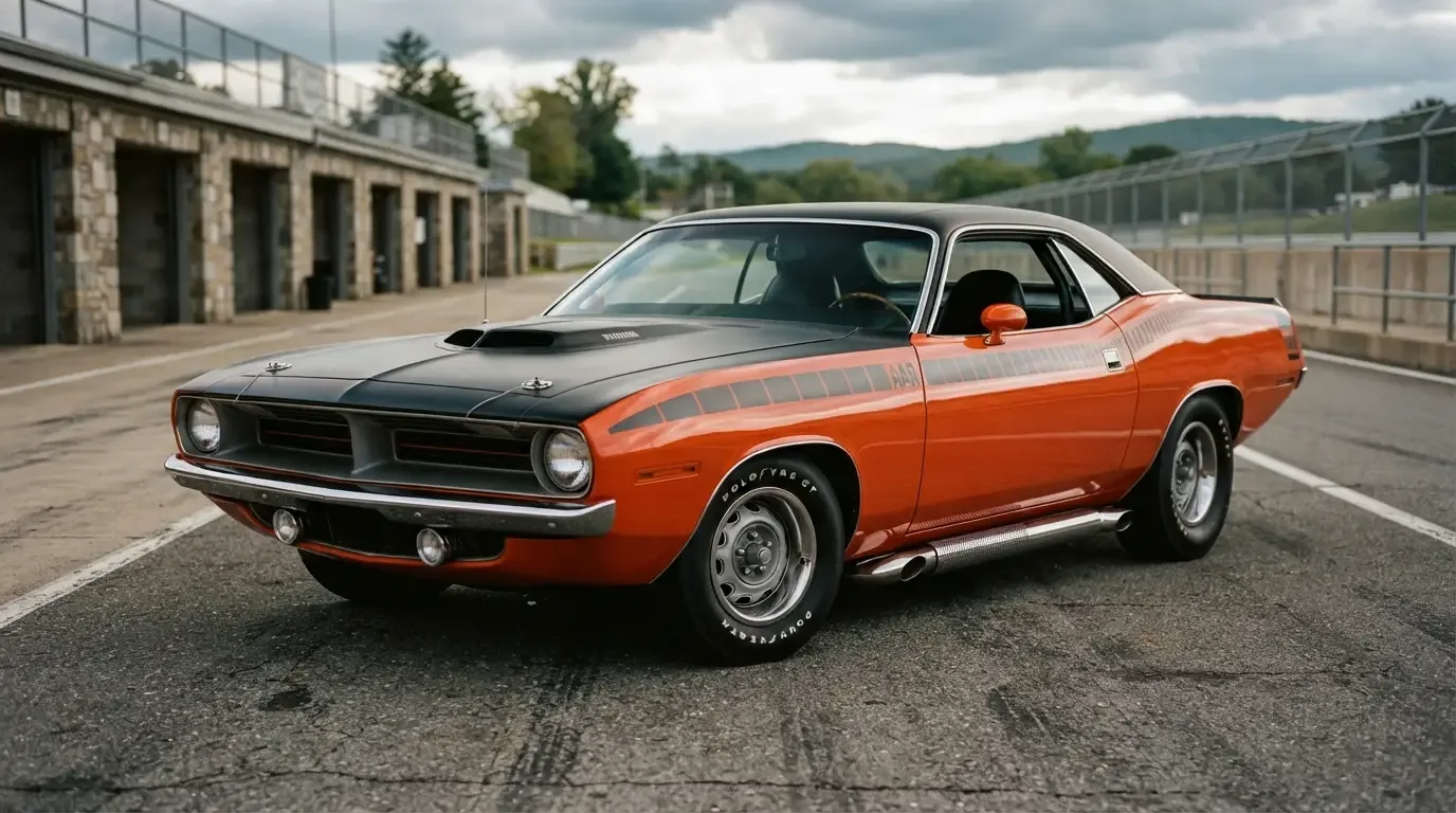 1970 Plymouth AAR Cuda Trans-Am racer with side pipes, front three-quarter view