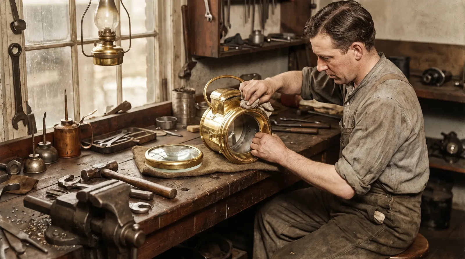 Craftsman polishing a brass headlamp housing