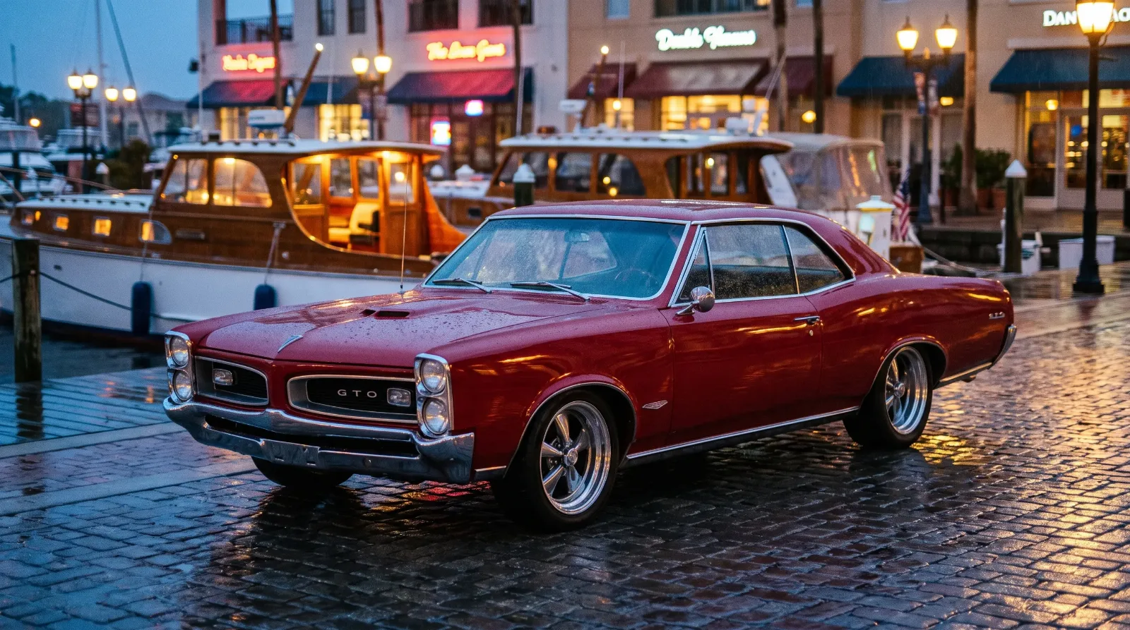 Wide-track Pontiac GTO on a rain-slicked evening street