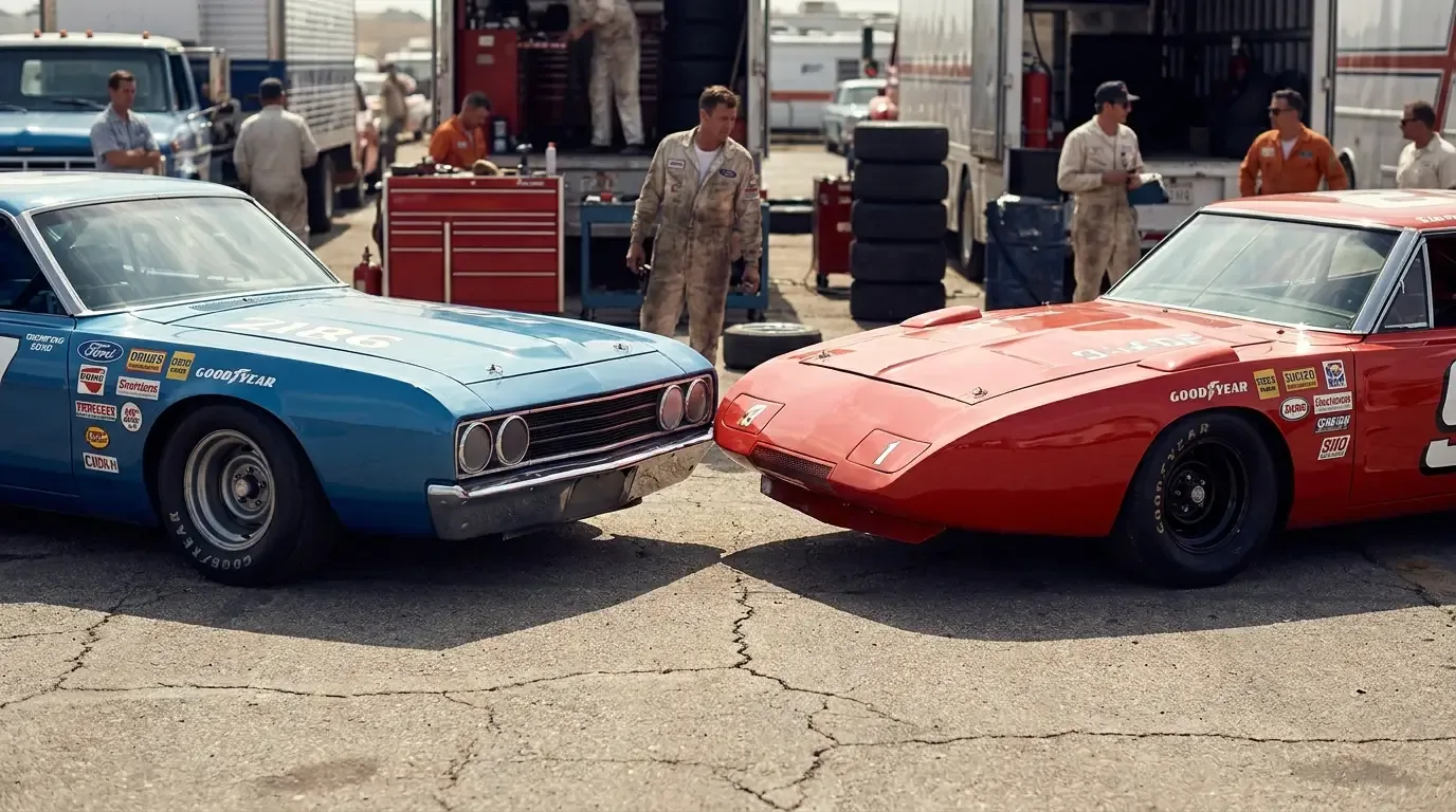 Ford Torino Talladega flush nose beside a Dodge Charger Daytona nose cone