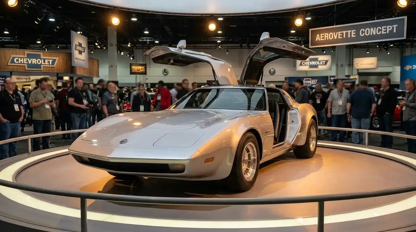 The 1977 Chevrolet Aerovette mid-engine concept car at an auto show with dramatic gull-wing doors raised open, showing the low hood and wide rear haunches