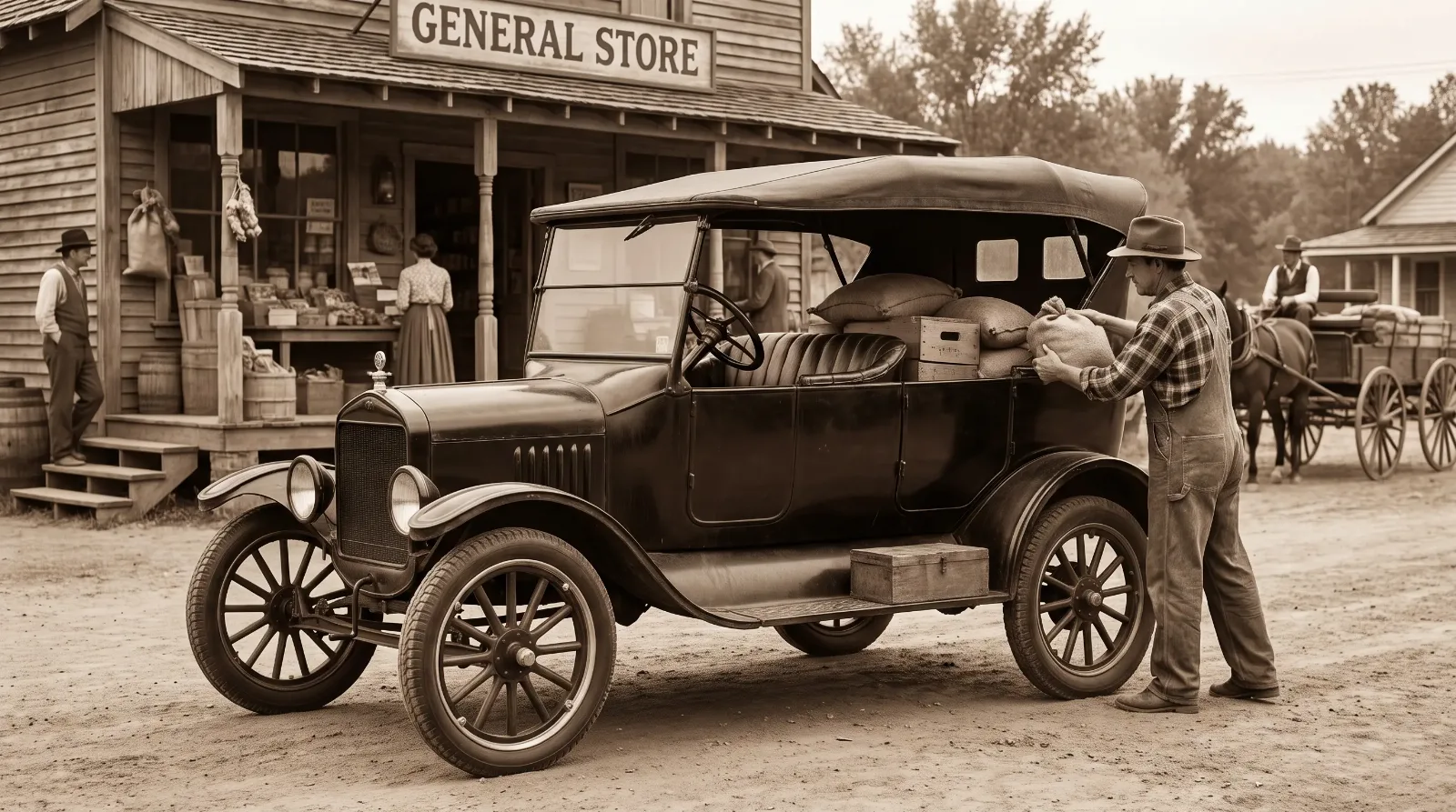 Ford Model T outside small-town general store