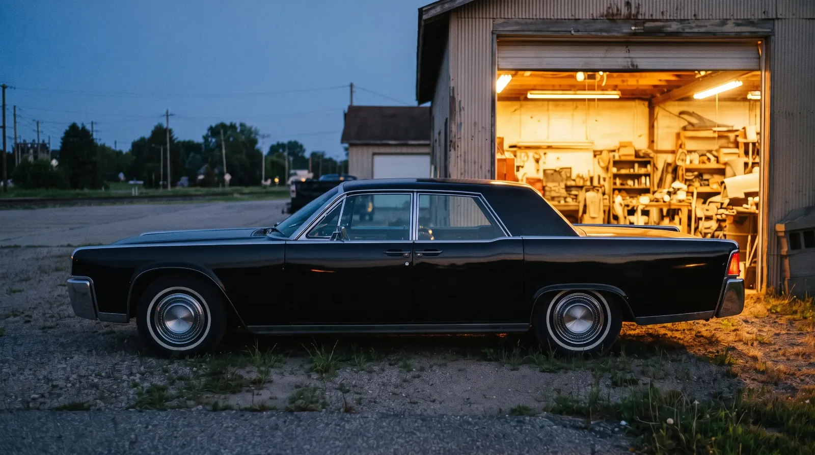 A restoration shop at dusk with a 1964 Lincoln Continental