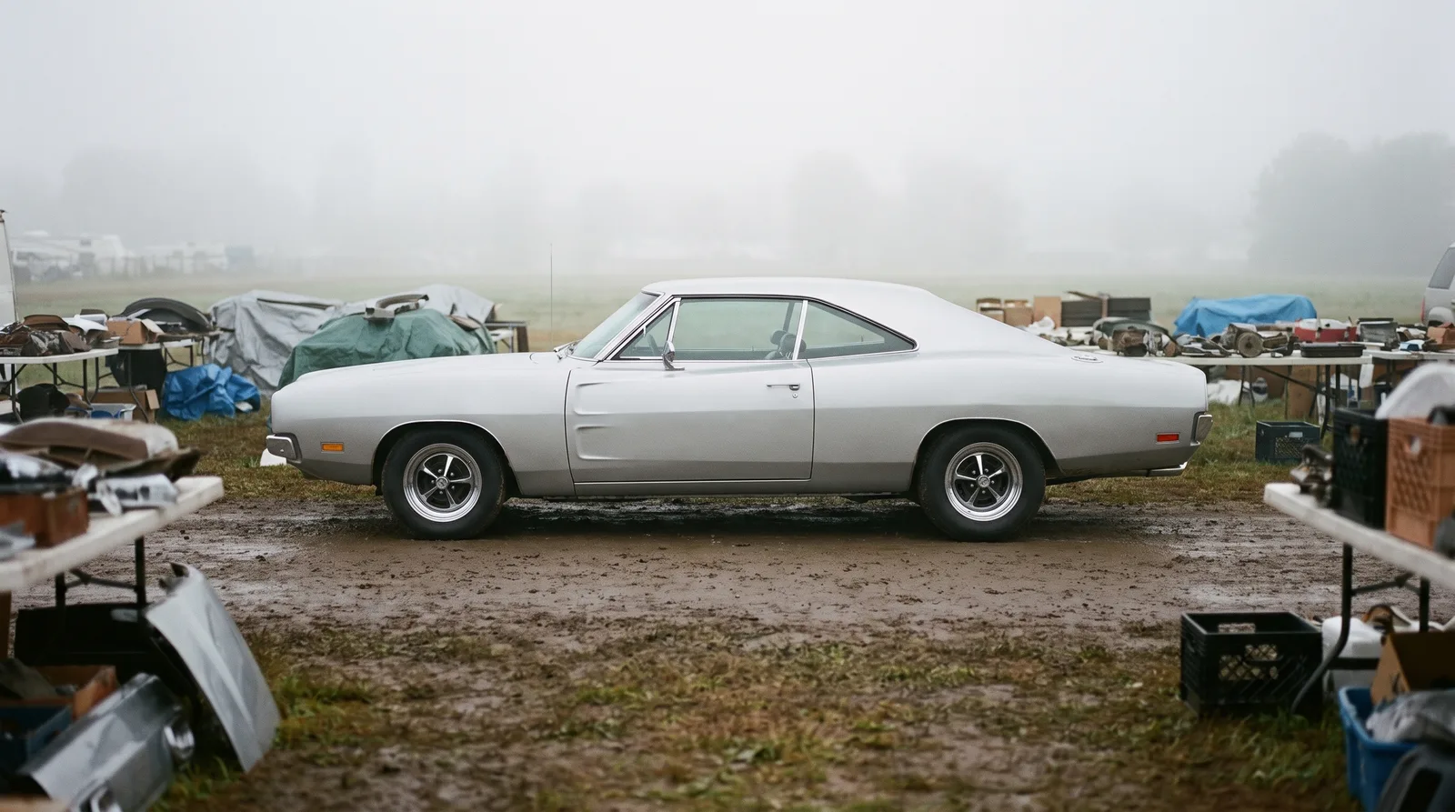 1969 Dodge Charger â€” misty swap meet aisle at dawn