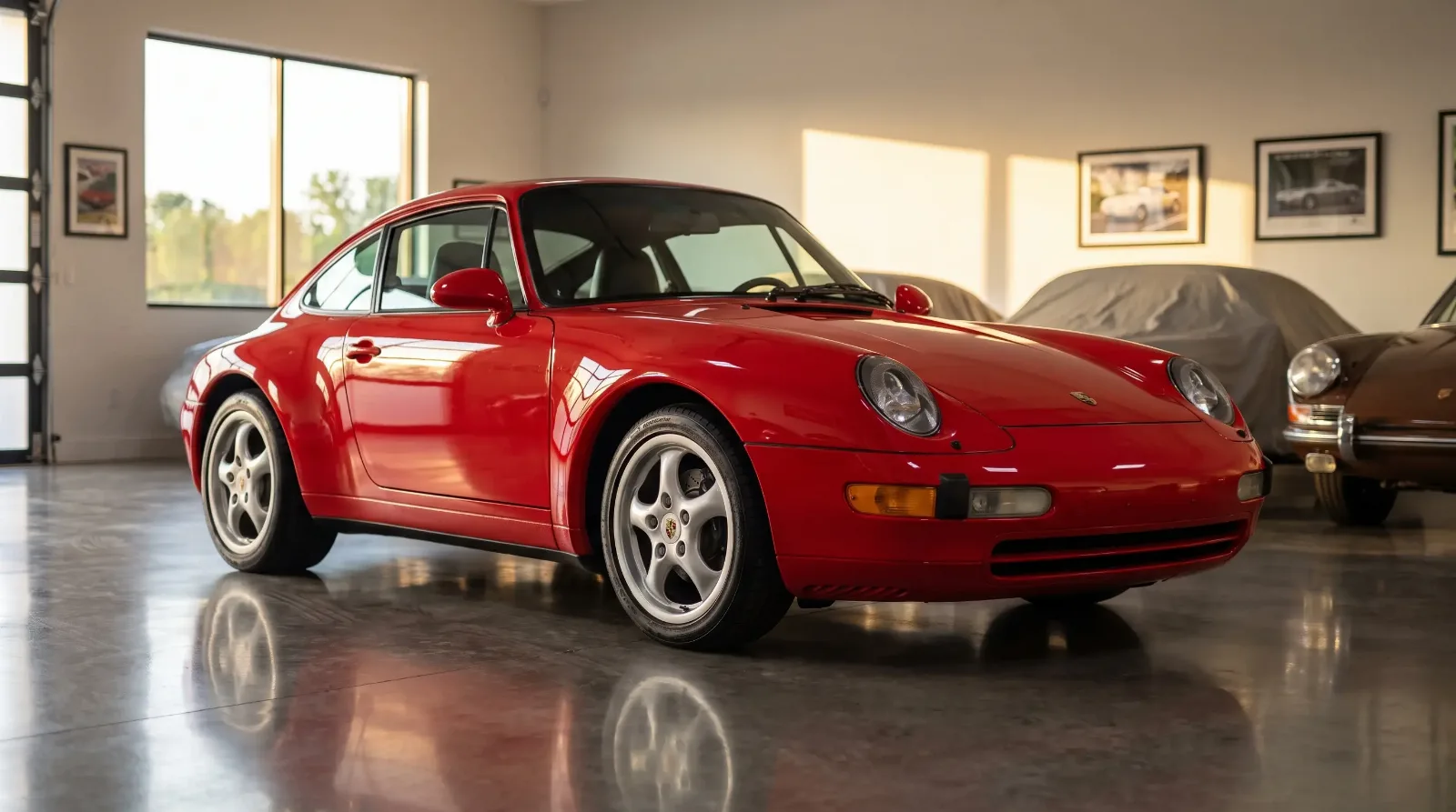 1996 Porsche 911 993 Carrera coupe in Guards Red parked in a private collector's garage