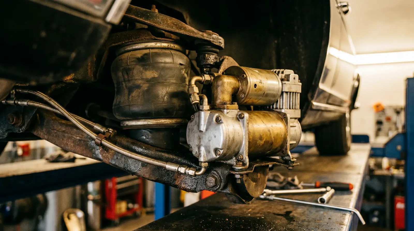 Air suspension components under a car