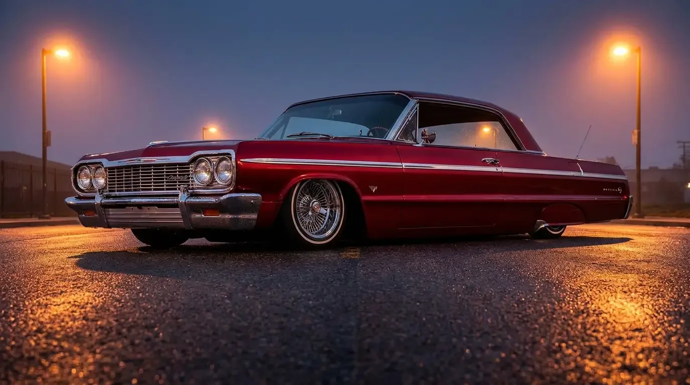 Classic lowrider laid completely flat on the pavement, frame on the ground and fully aired-out, dramatic low side angle showing how low it can go